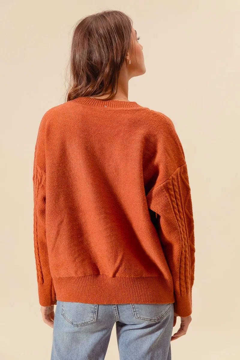 SO ME Embroidered Flower Cable Knitted Sweater