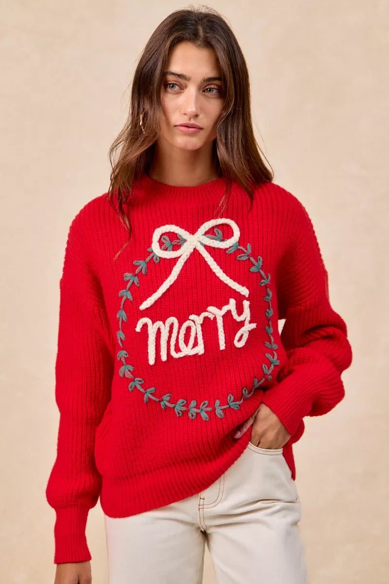 BiBi Christmas Wreath Merry Letter Knit Top