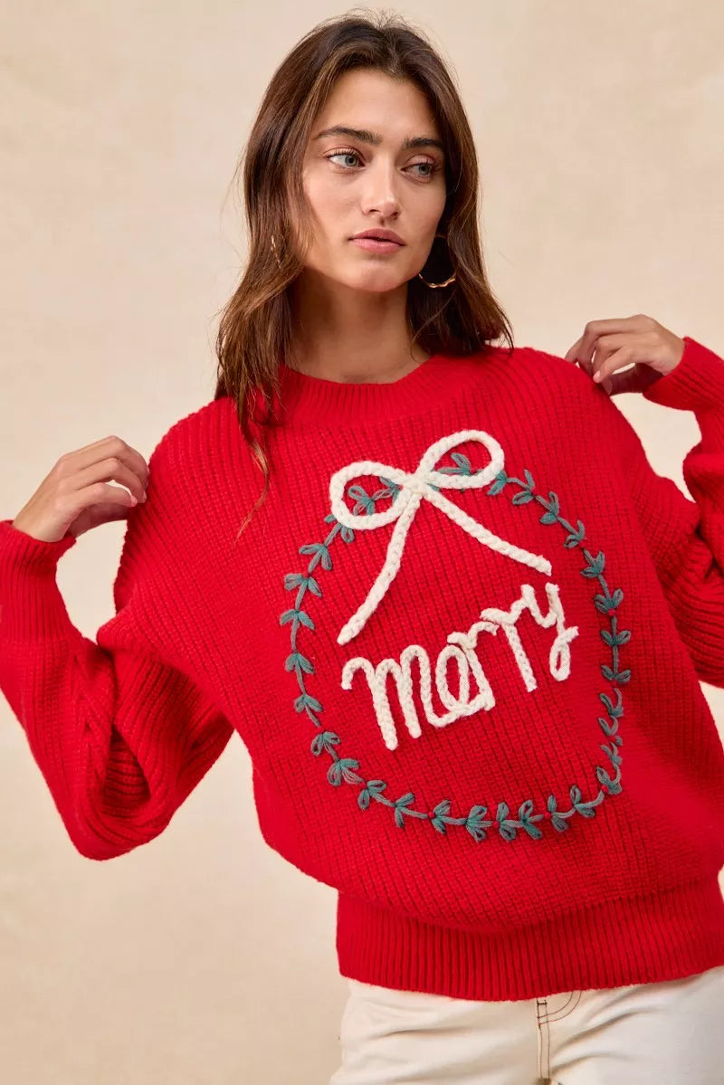 BiBi Christmas Wreath Merry Letter Knit Top