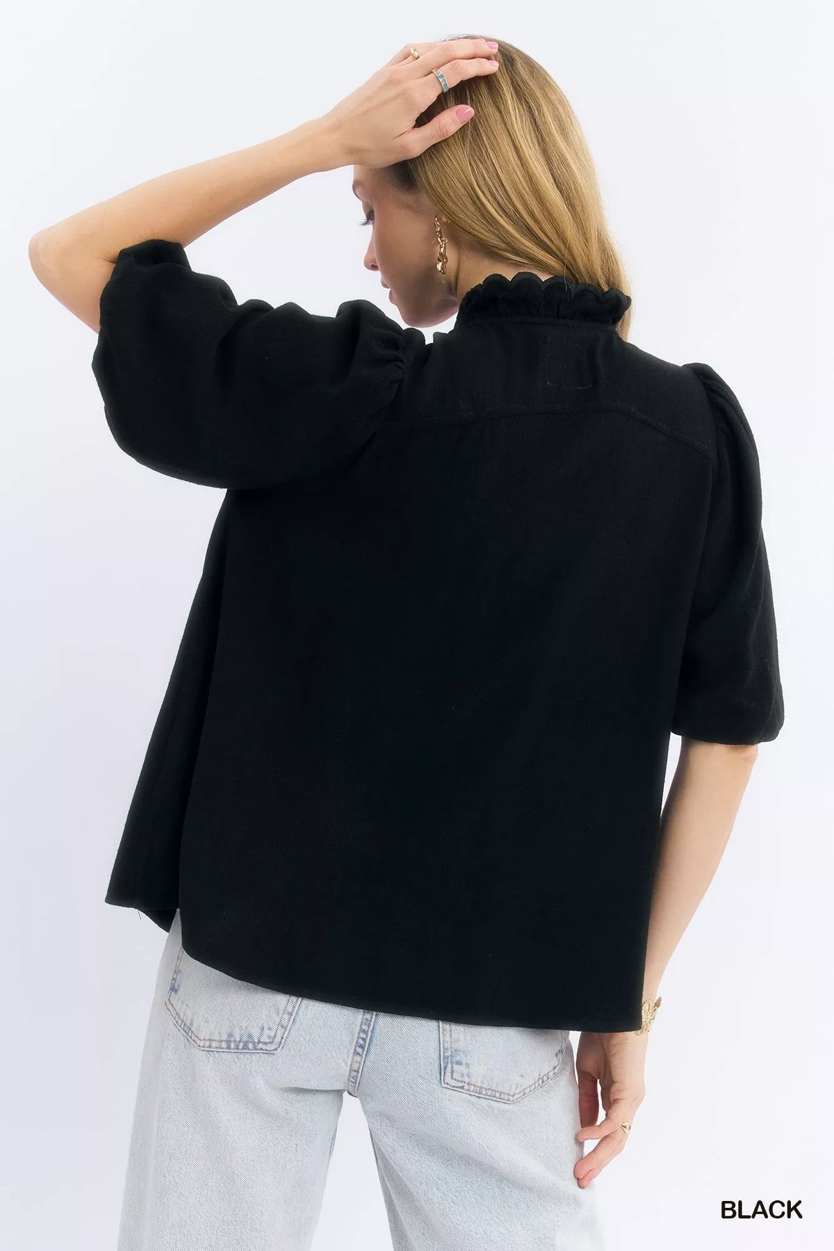 Umgee Linen Scallop Trim V-Neck Blouse