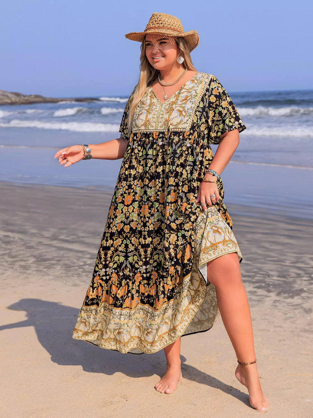 Plus Size Bohemian Floral Tiered Maxi Dress