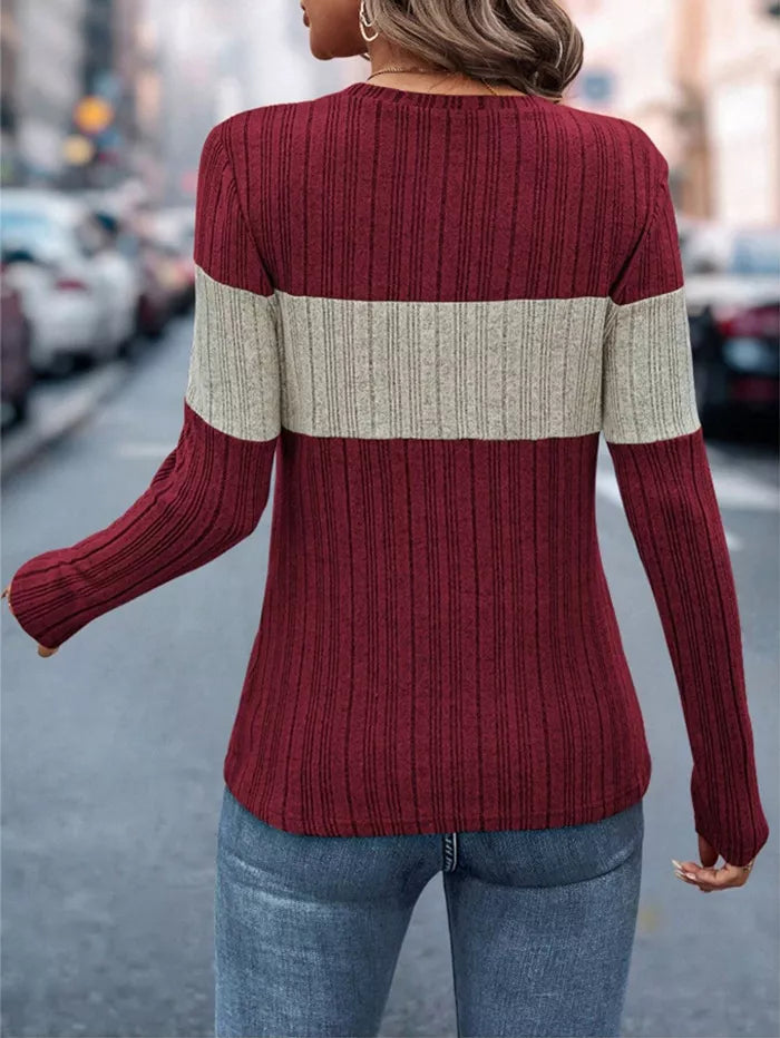Color Block Ribbed Knit Long Sleeve T-Shirt