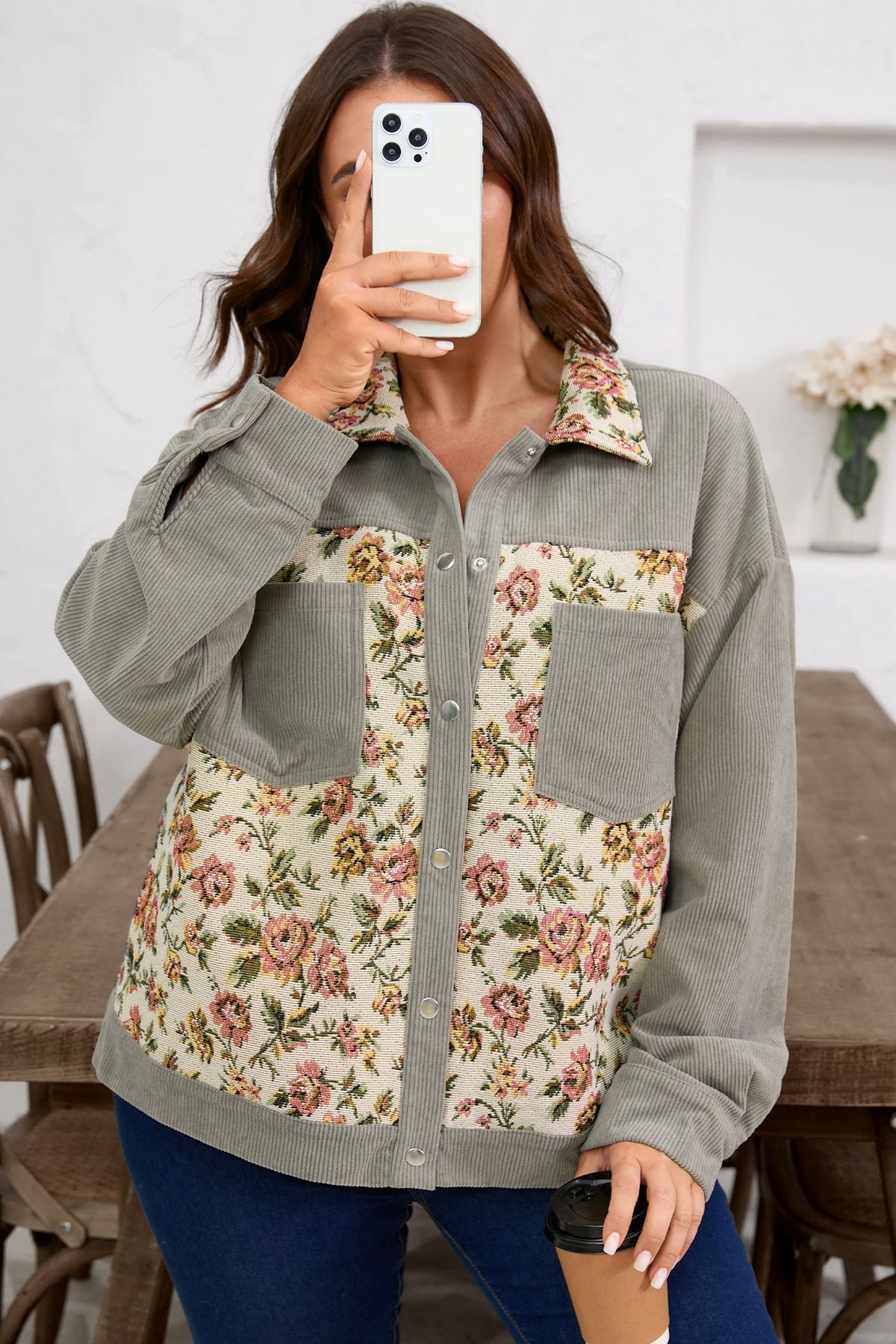 Plus Size Floral Patchwork Corduroy Pocketed Jacket-3