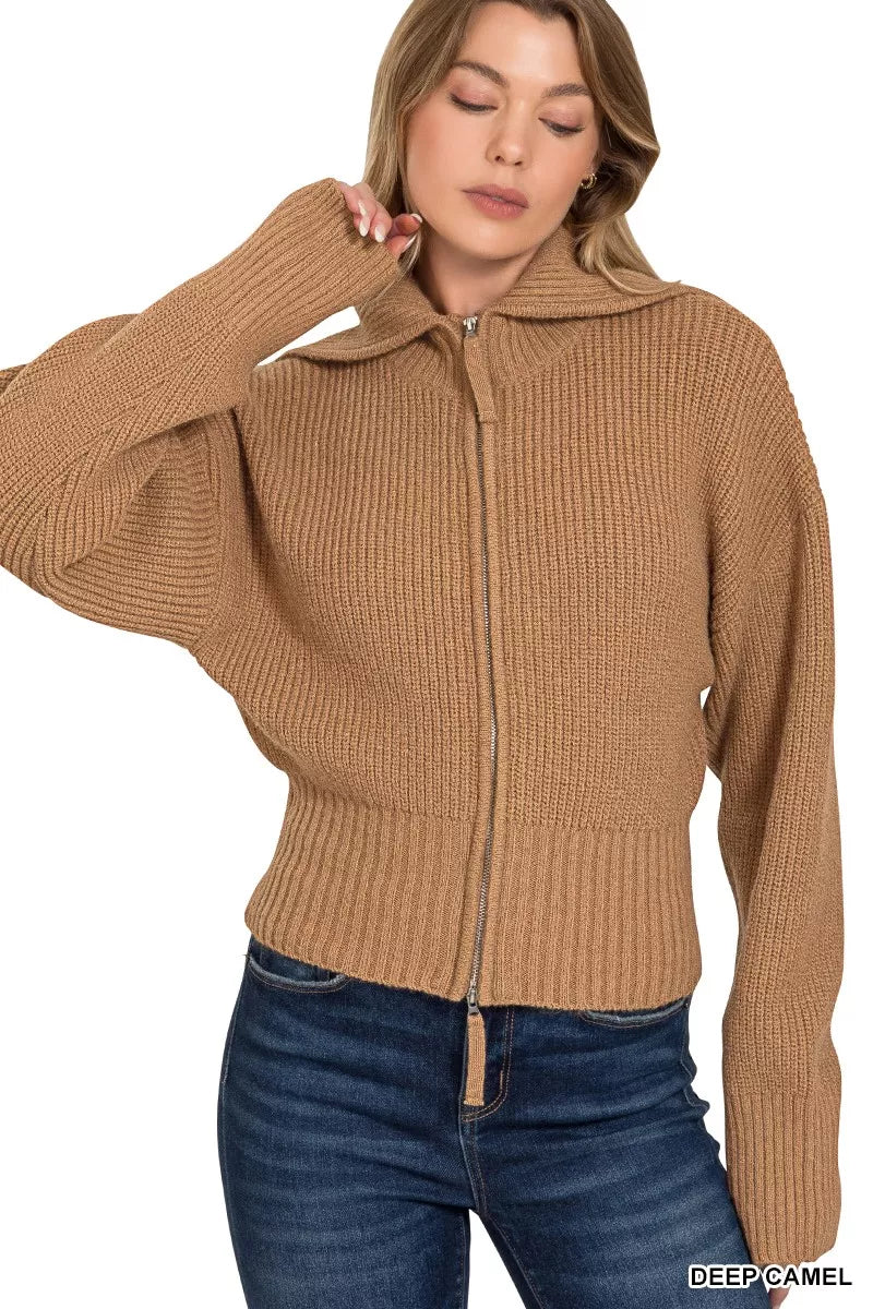 Zenana Ribbed Collared Zip Up Sweater Cardigan