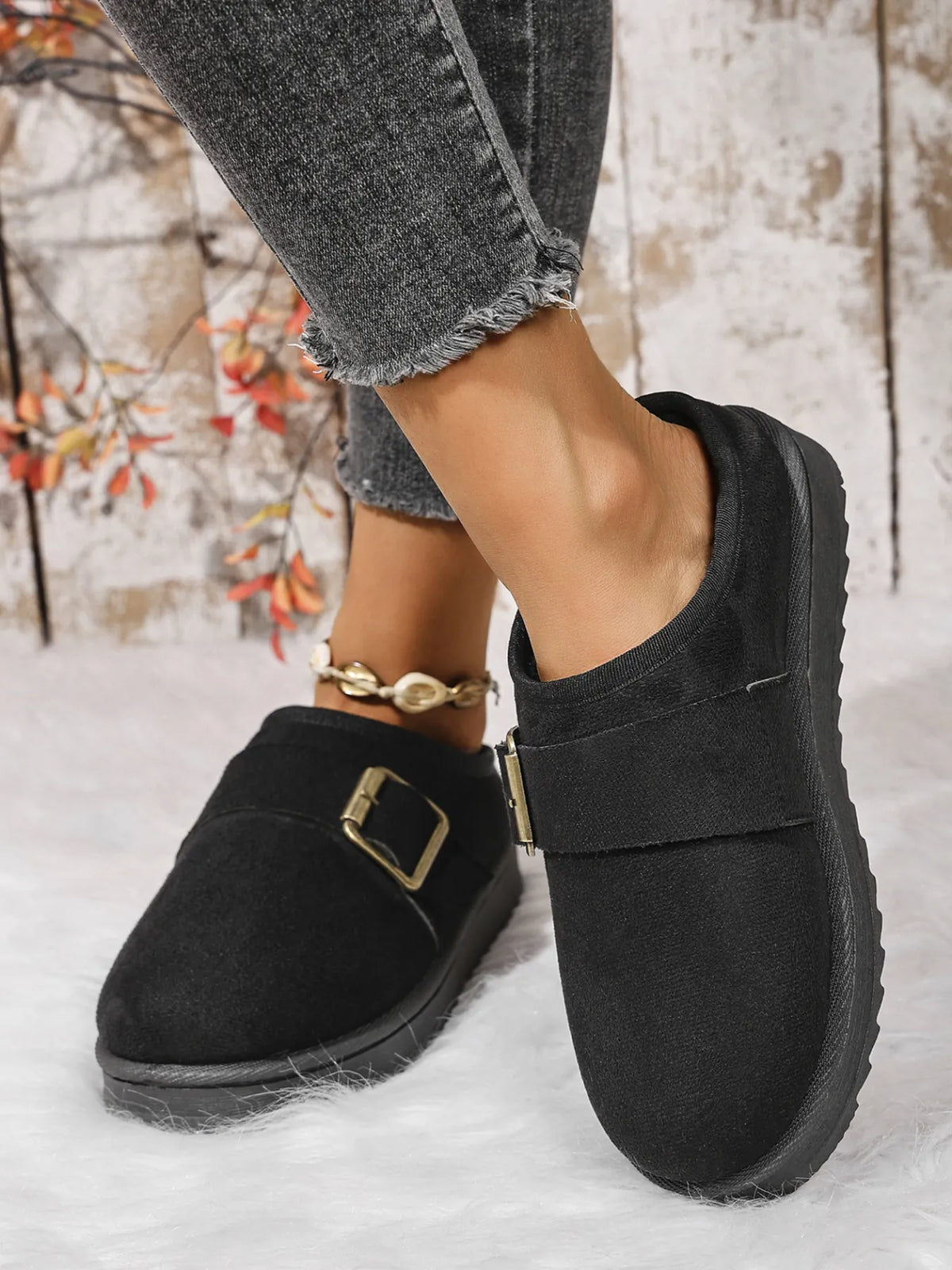 Cozy Buckle Suede Winter Slippers