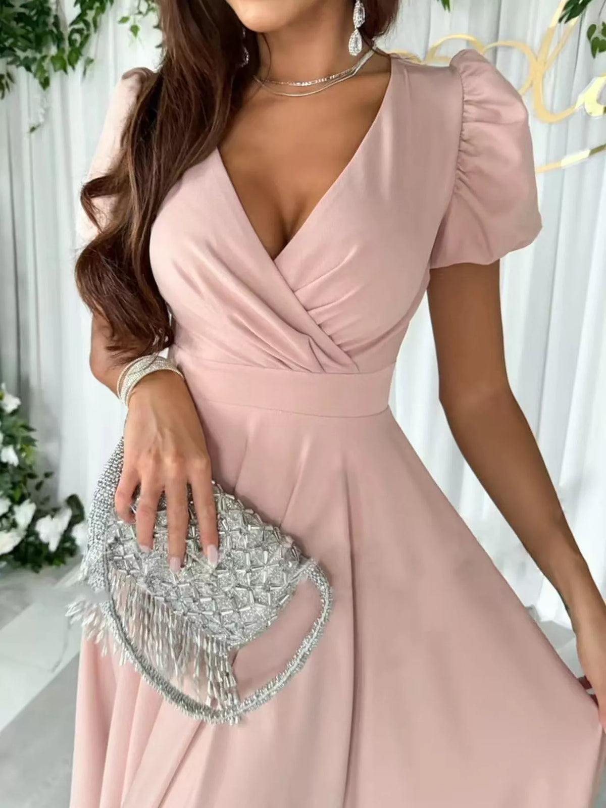 Surplice Short Sleeve Midi Dress