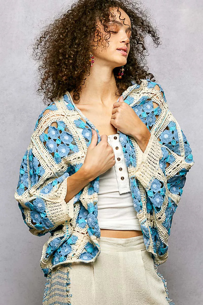 POL Open Front Floral Crochet Cardigan