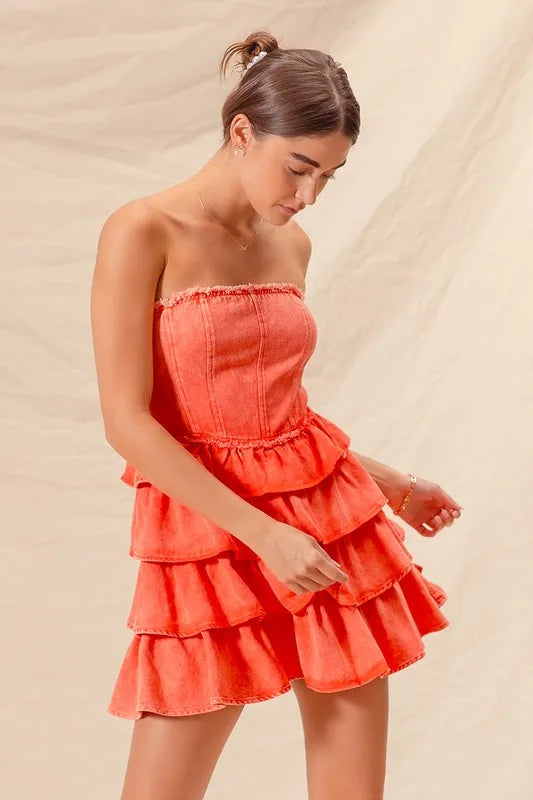 SO ME Strapless Ruffle Layered Game Day Cheer Up Dress