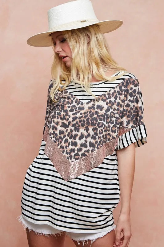 BiBi Stripe Rayon Span Knit Color Block Top With Leopard