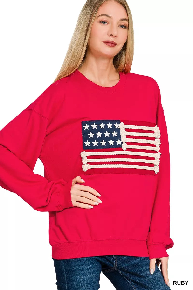 Zenana French Terry American Flag Pullover