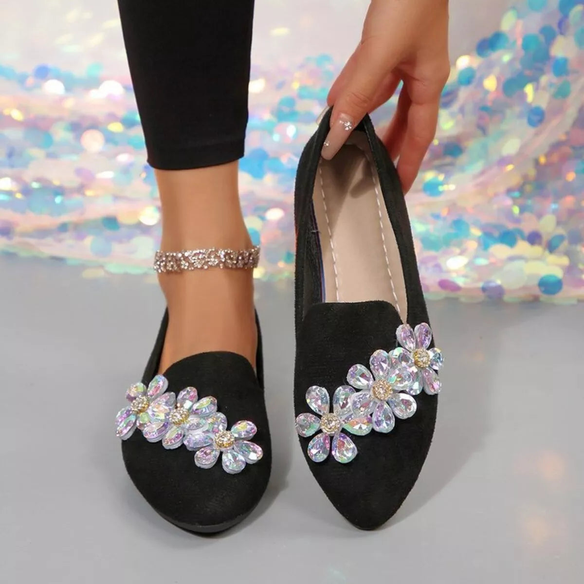 Rhinestone Point Toe Flats Slip-Ons