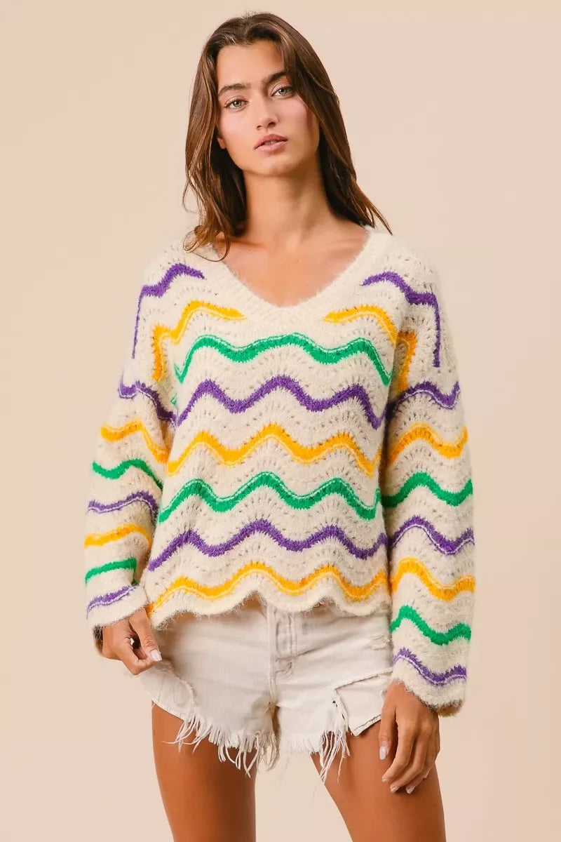 BiBi Mardi Gras Wavy Stripes V-Neck Sweater