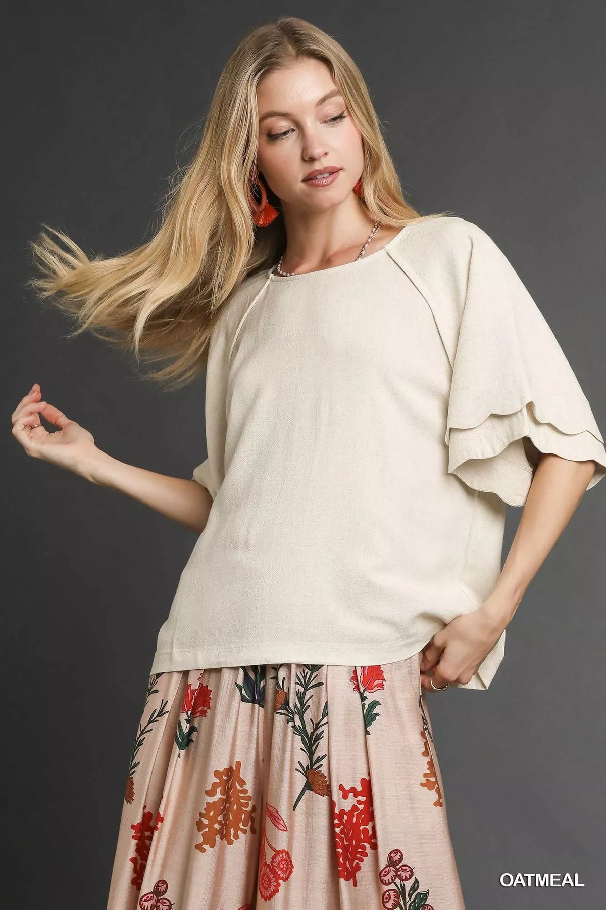 Umgee Linen Scallop Sleeve Boho Top