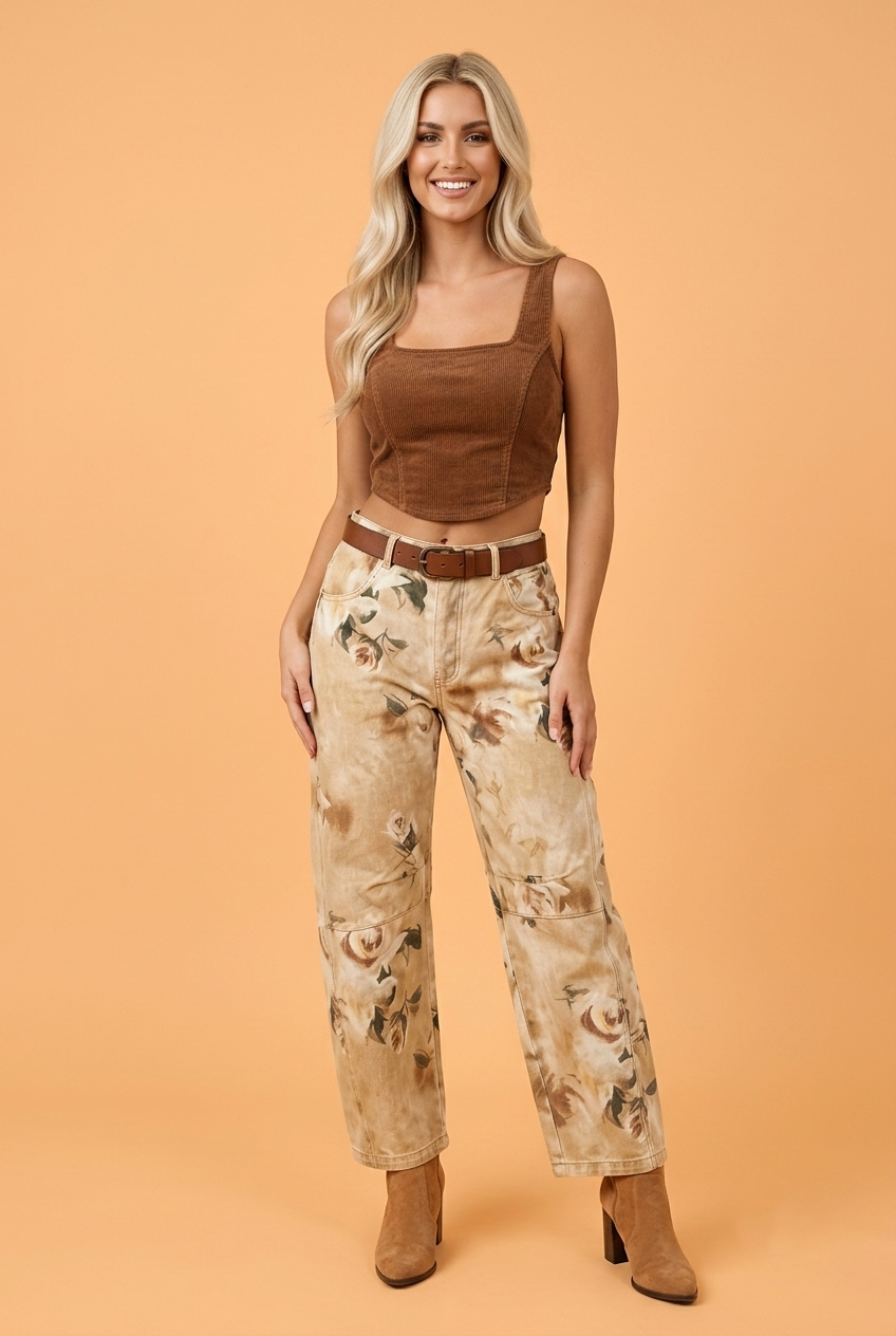 Floral Retro Denim Ankle Barrel Jeans-0