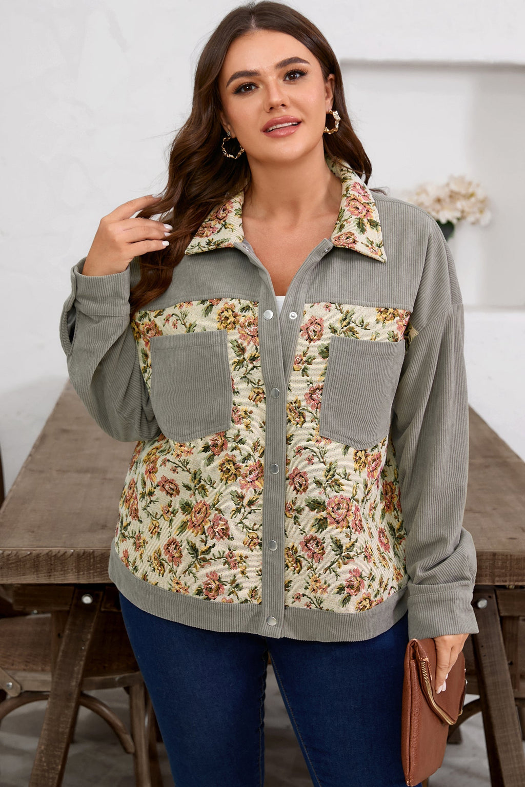 Plus Size Floral Patchwork Corduroy Pocketed Jacket-0