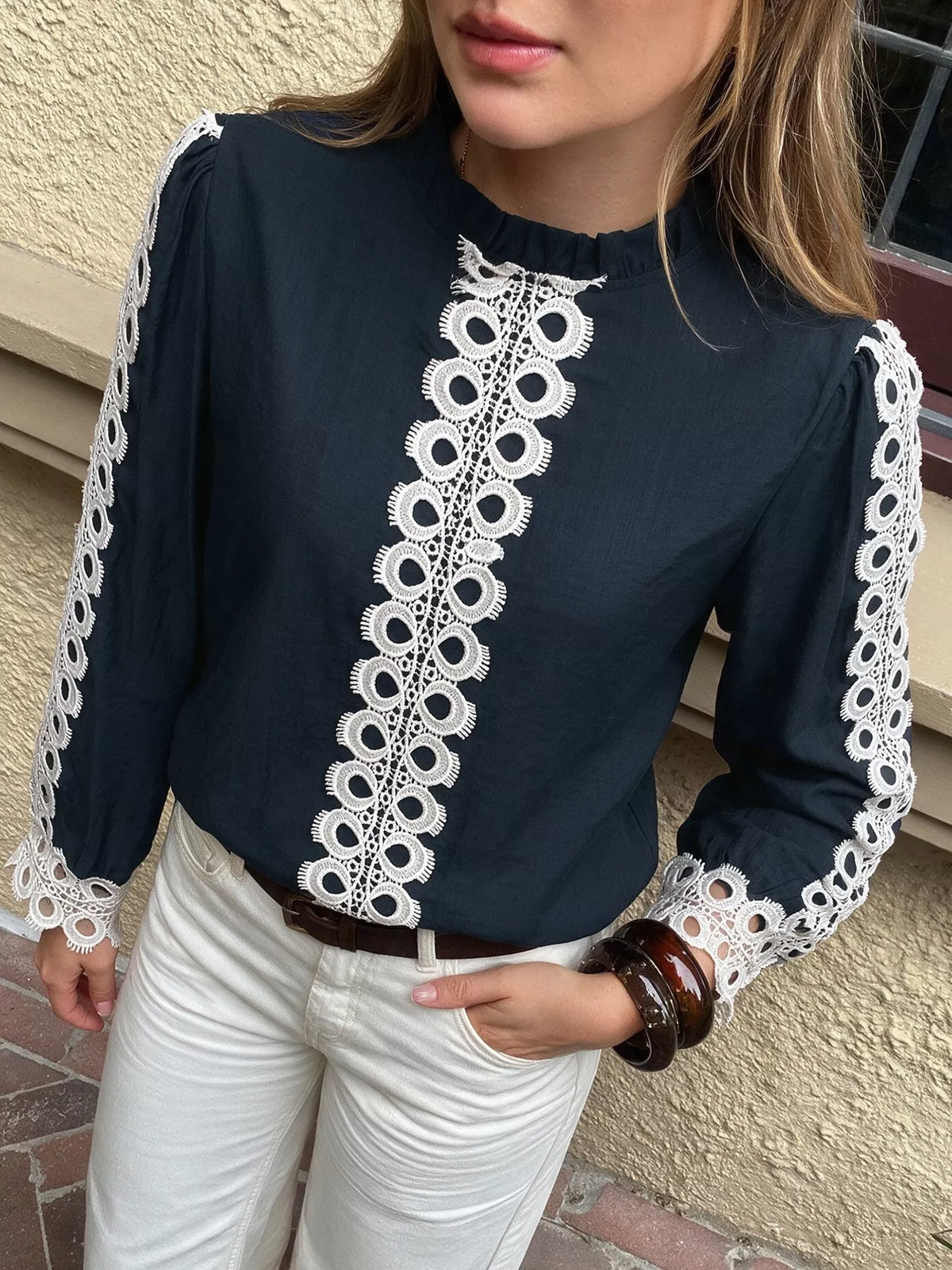 Lace Trim Long Sleeves Blouse