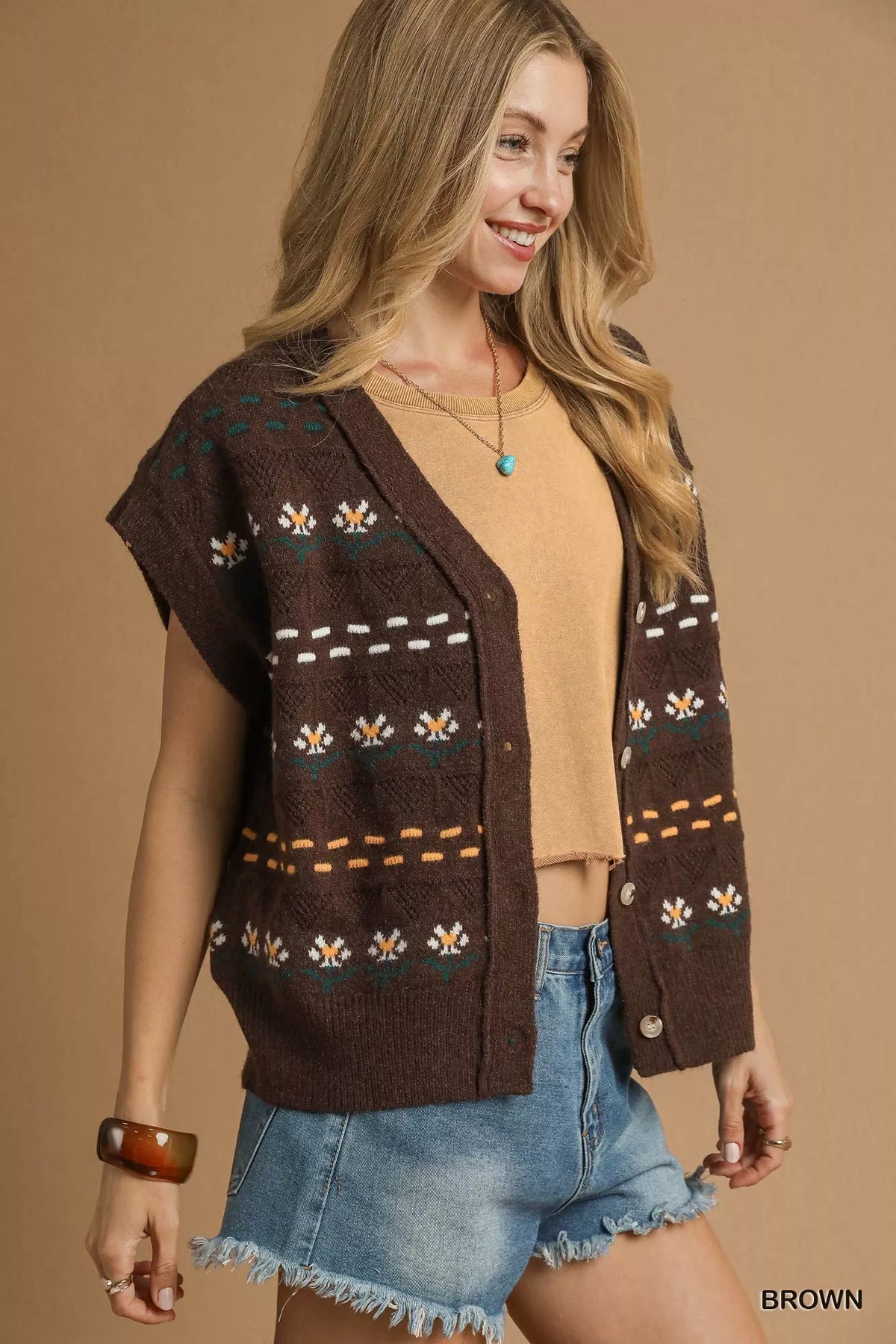 Umgee Button-Down Knit Vest with Floral Pattern