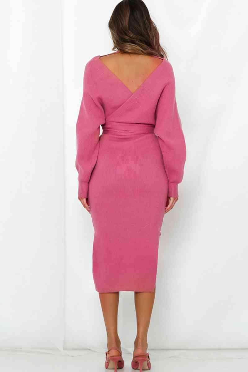 Surplice Neck Bow Waist Slit Sweater Dress for Women