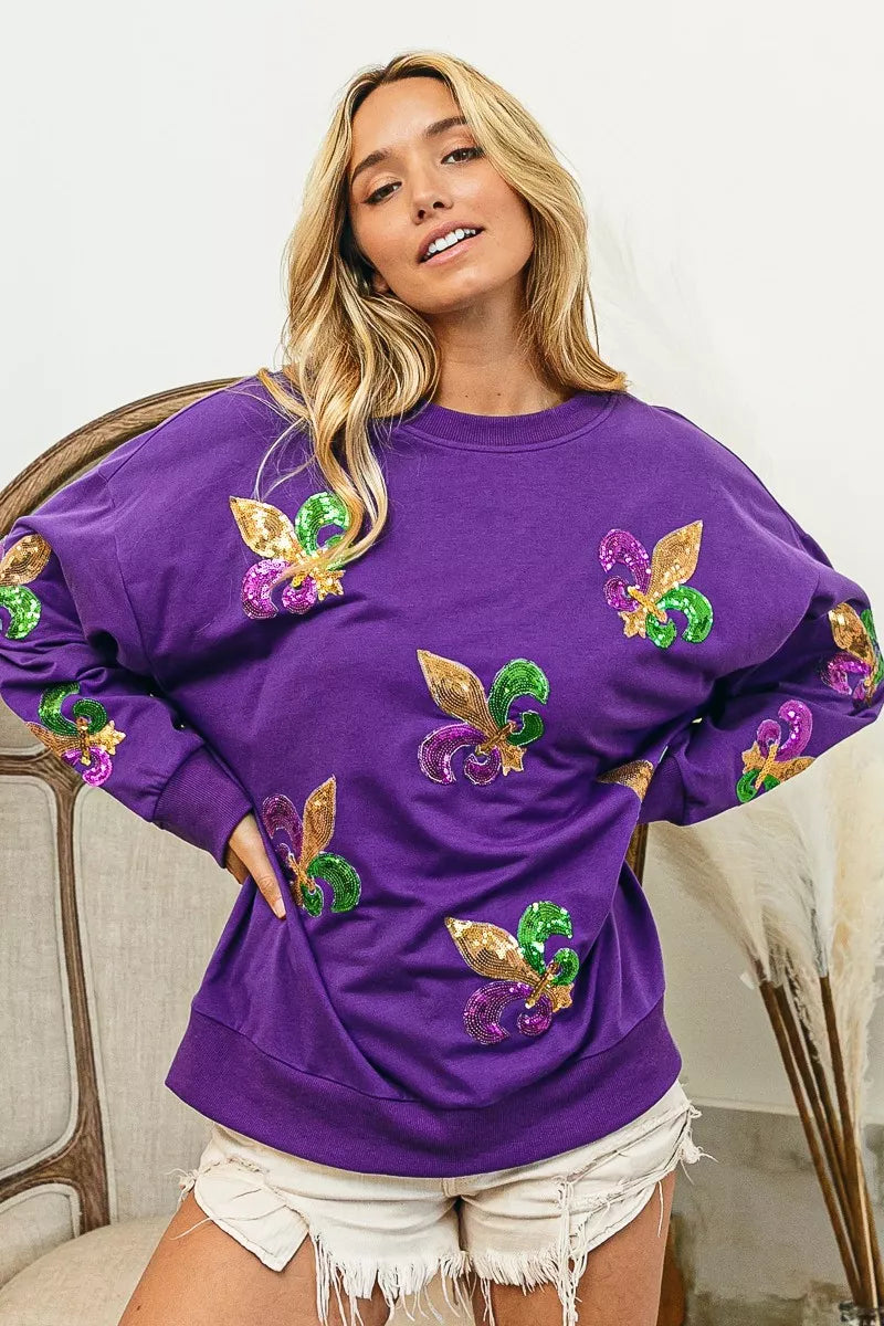 BiBi Fleur De Lis Sequin Patches Mardi Gras Sweatshirt