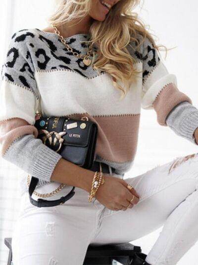 Leopard Color Block Round Neck Long Sleeve Sweater for Women