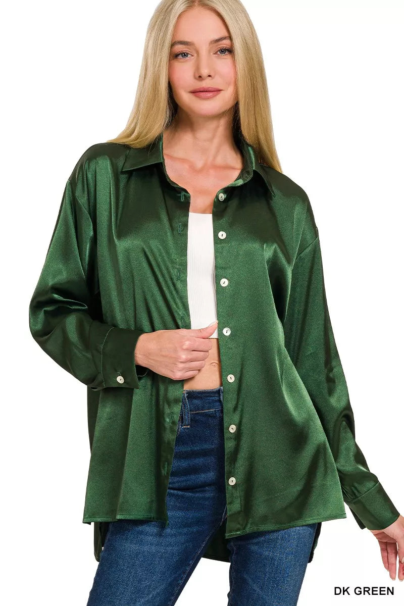 Zenana Satin Button Down Long Sleeve Shirt