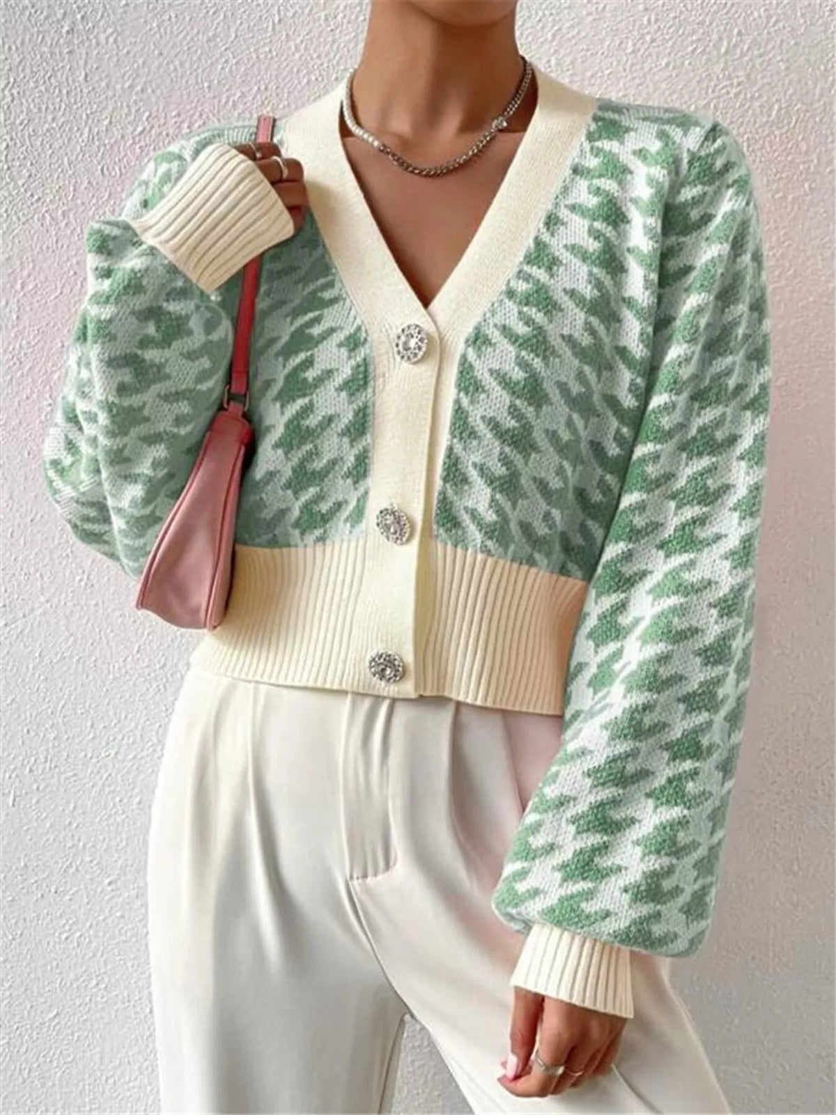 Houndstooth V-Neck Button Up Cardigan