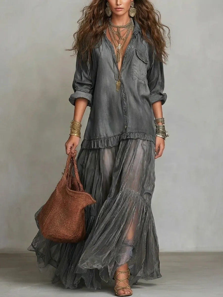 Women's Retro Lapel Collar Faux Denim Maxi Dress Casual Pocketed Dress