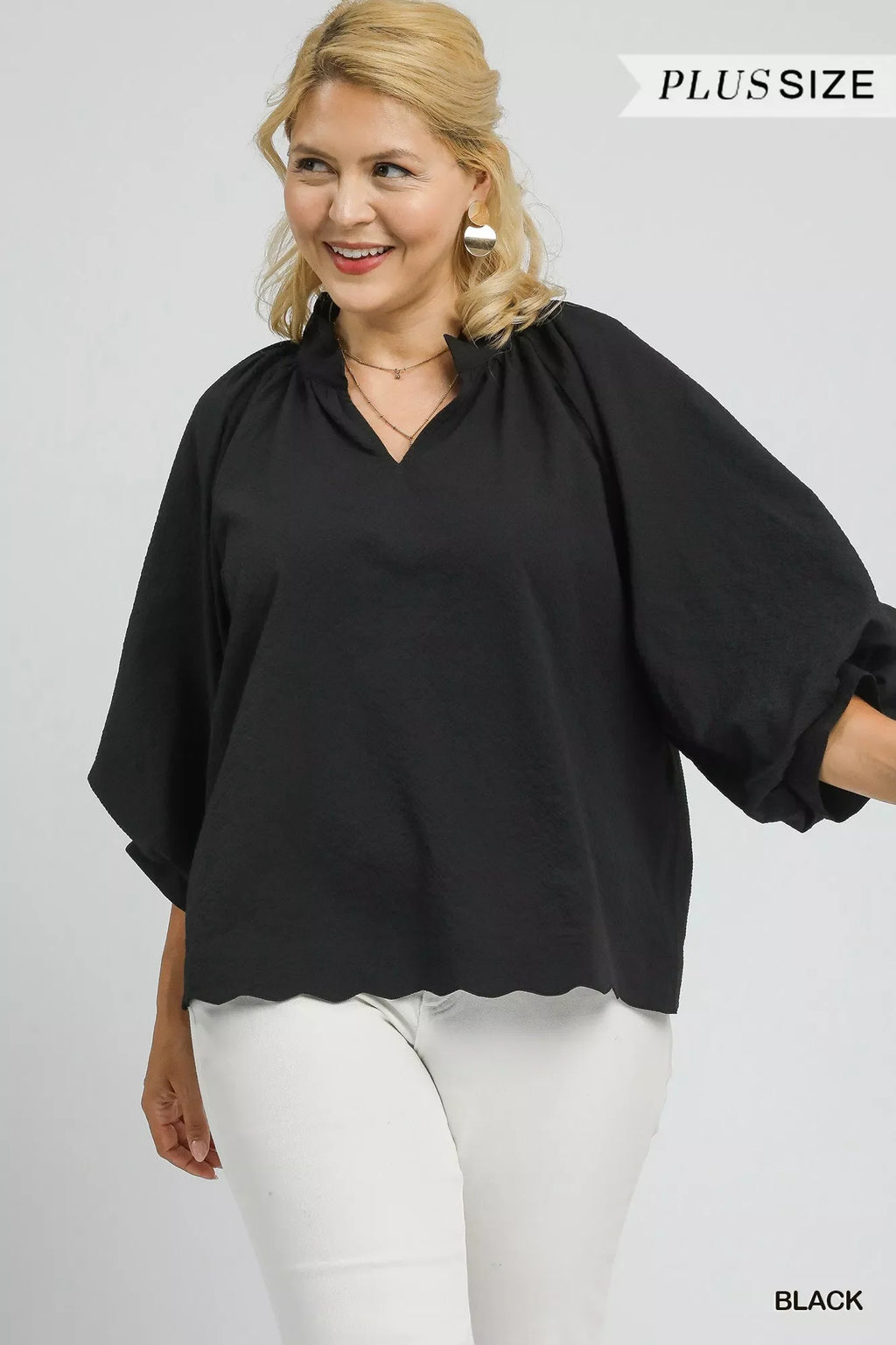 Umgee Full Size Textured Notched Balloon Sleeve Blouse Plus Size