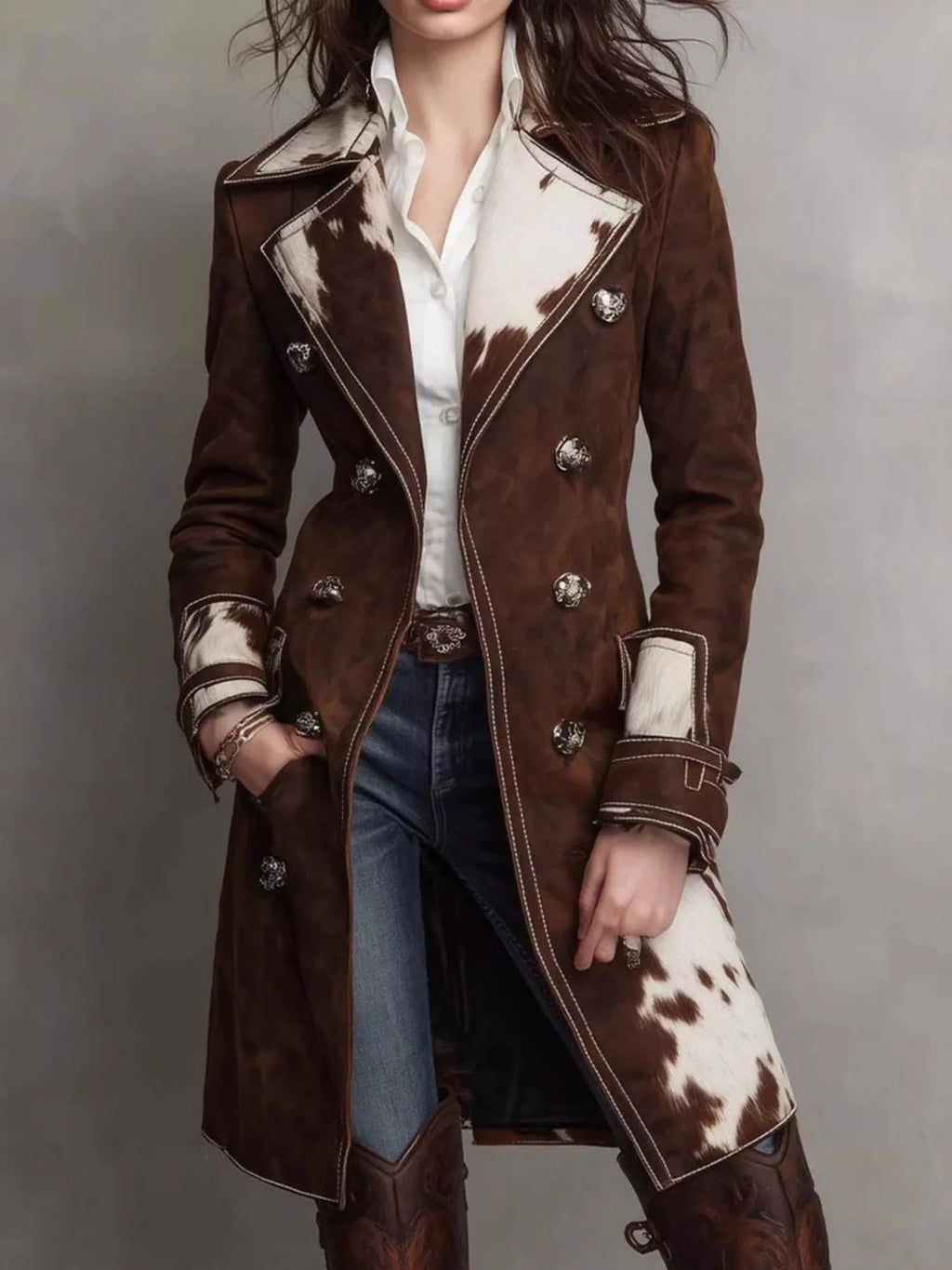 Cowhide Trim Western-Style Trench Coat