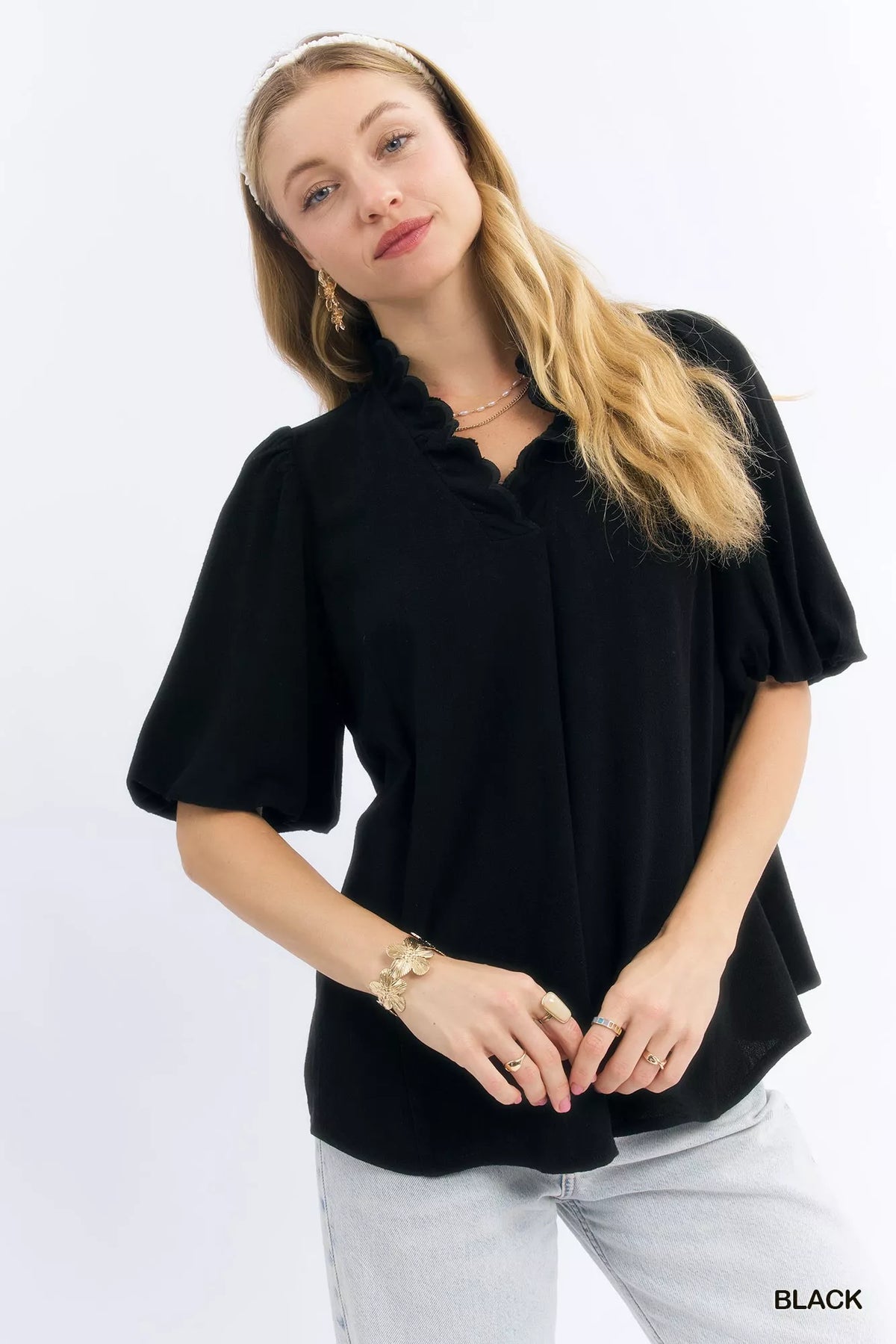 Umgee Linen Scallop Trim V-Neck Blouse