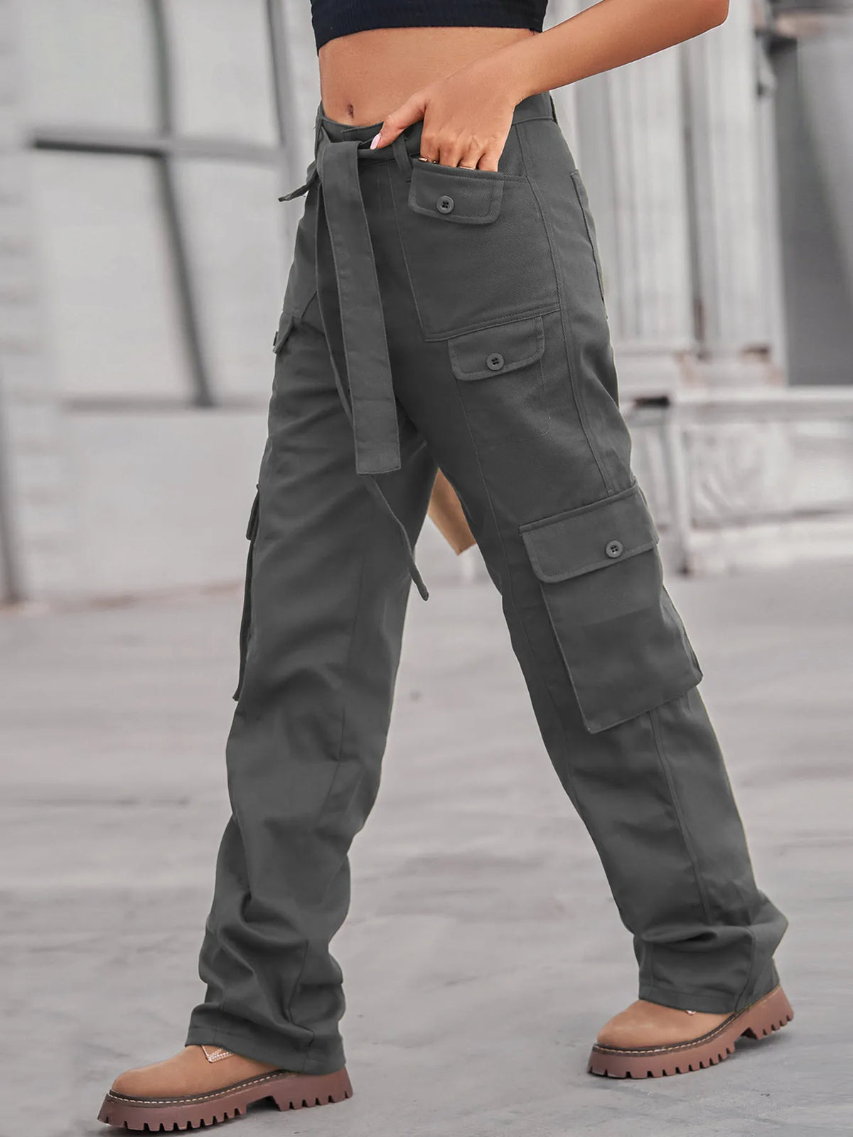 High-Waisted Multi-Pocket Cargo Jeans