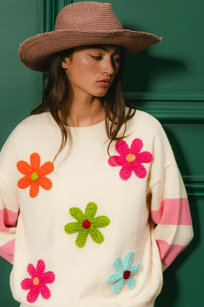 BiBi Colorful Floral Patched Sweater with Striped Sleeve