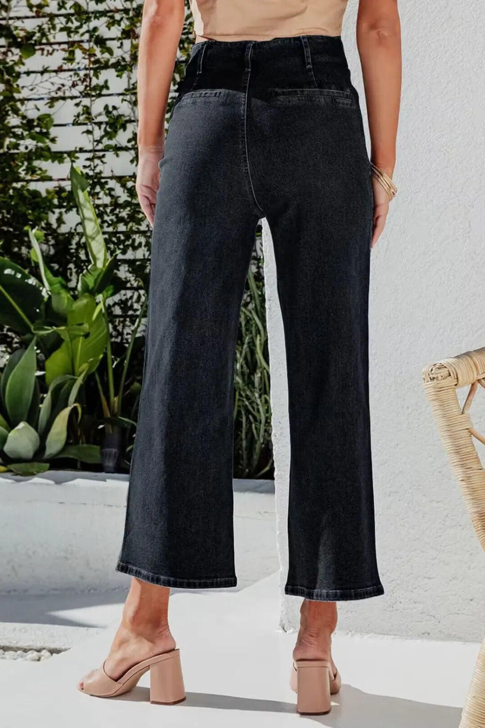 Button Fly Cropped Wide Leg Jeans