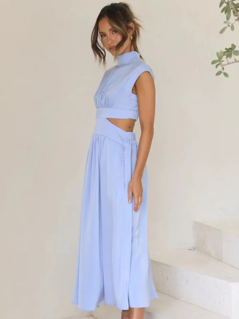 Cutout Mock Neck Sleeveless Ruched Dress