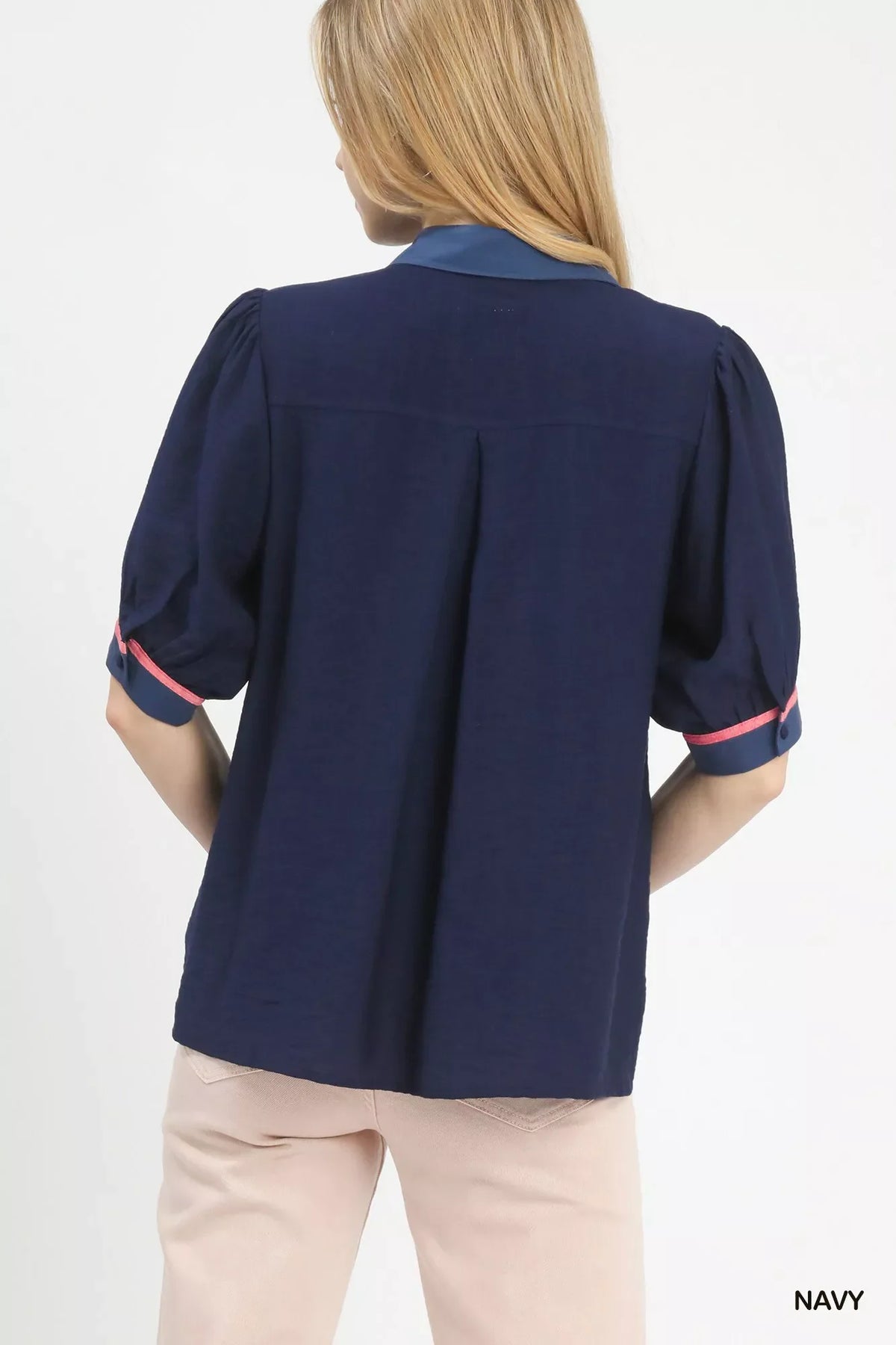 Umgee Embroidered Puff Sleeve Contrast Trim Top