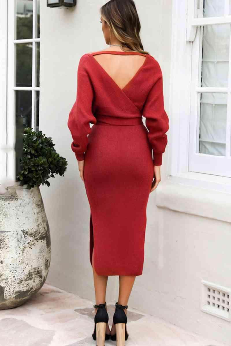 Surplice Neck Bow Waist Slit Sweater Dress for Women