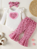 Children's Ruffled Bodysuit and Floral Pants Outfit Set with Headband