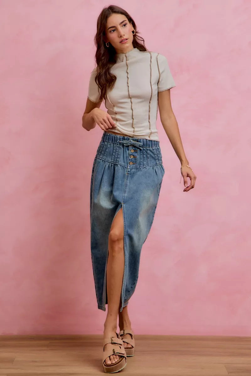 SO ME Pleated Washed Denim Skirt With Front Slit-4