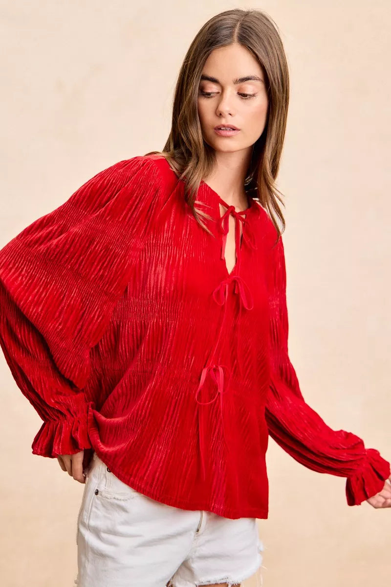 BiBi Christmas Theme Velvet Bow Tied Top With Neck Drop