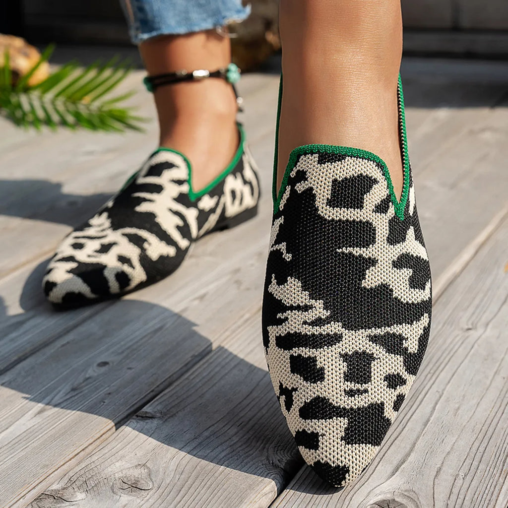 Point Toe Animal Print Knit Slip-On Loafers with Contrast Trim
