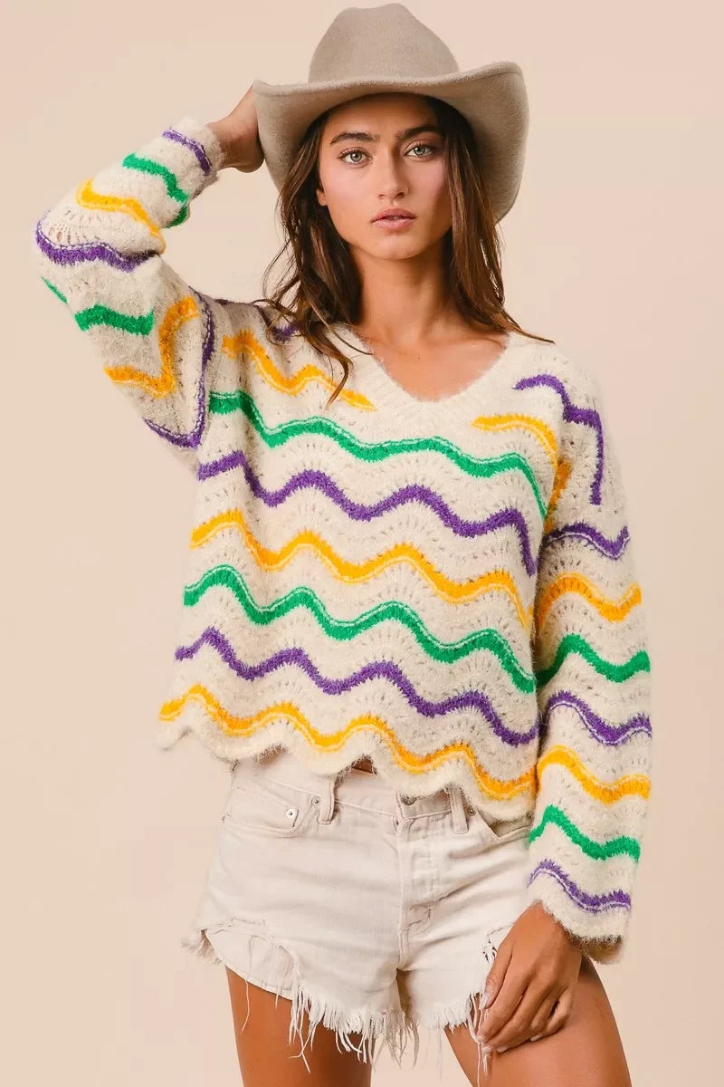 BiBi Mardi Gras Wavy Stripes V-Neck Sweater
