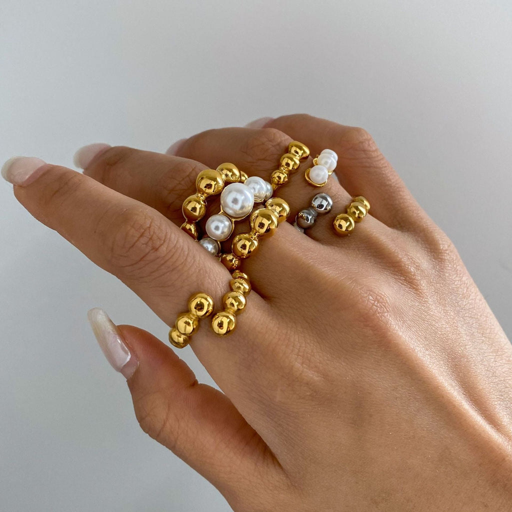 18K Gold Round Pearl Inlaid Ring
