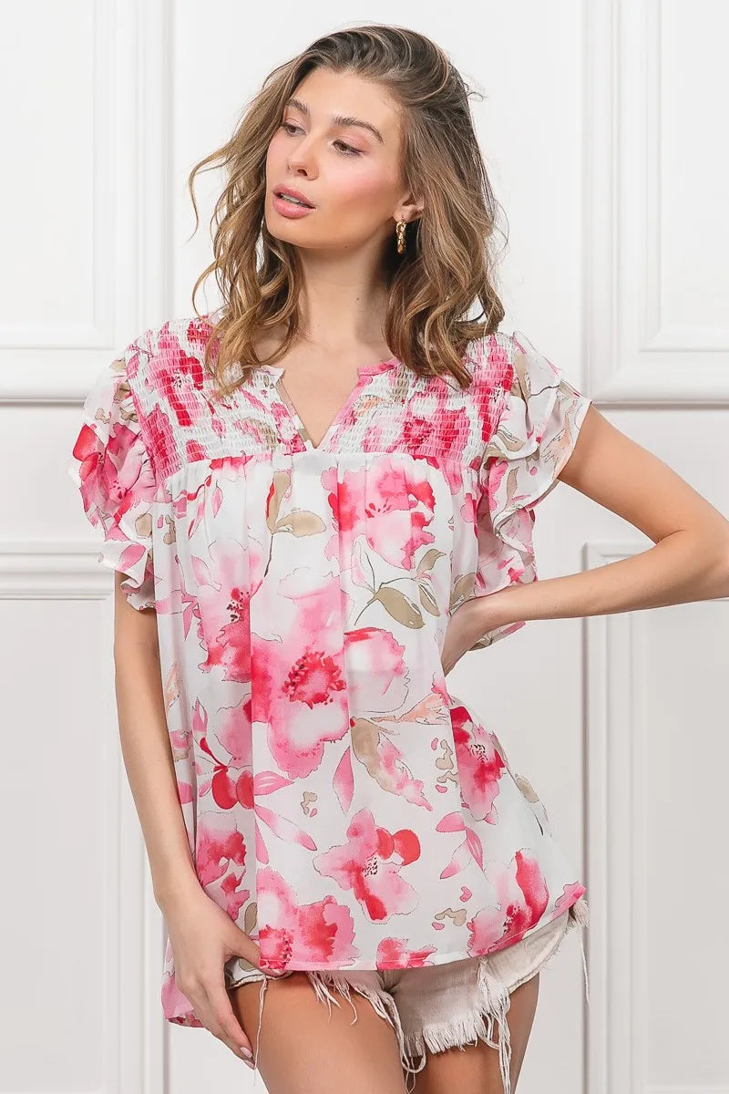 BiBi Floral Print Flutter Sheer Top