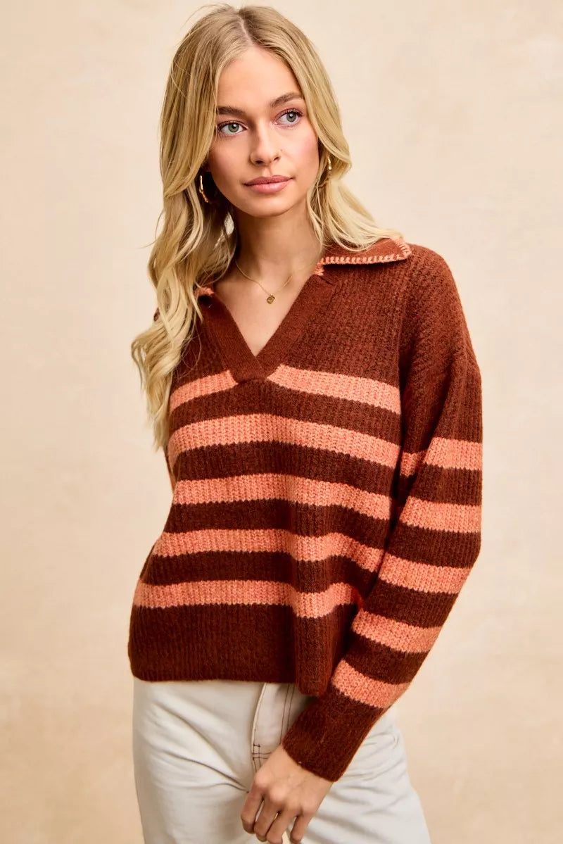BiBi Striped Sweater Top with Collar Stitched Details