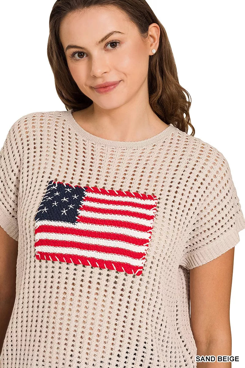 Zenana Viscose American Flag Openwork Knit Top
