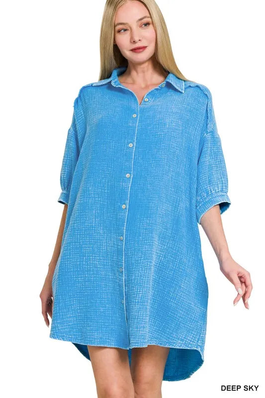 Zenana Washed Double Gauze Button Down Shirt Dress