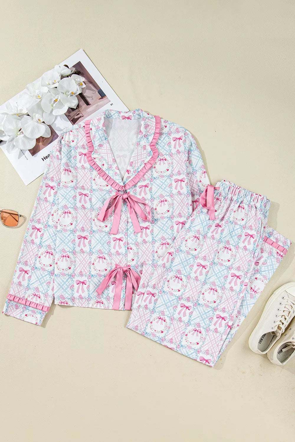 Wreath Pattern Christmas Tied Front Long Sleeve 2pcs Pajama Set