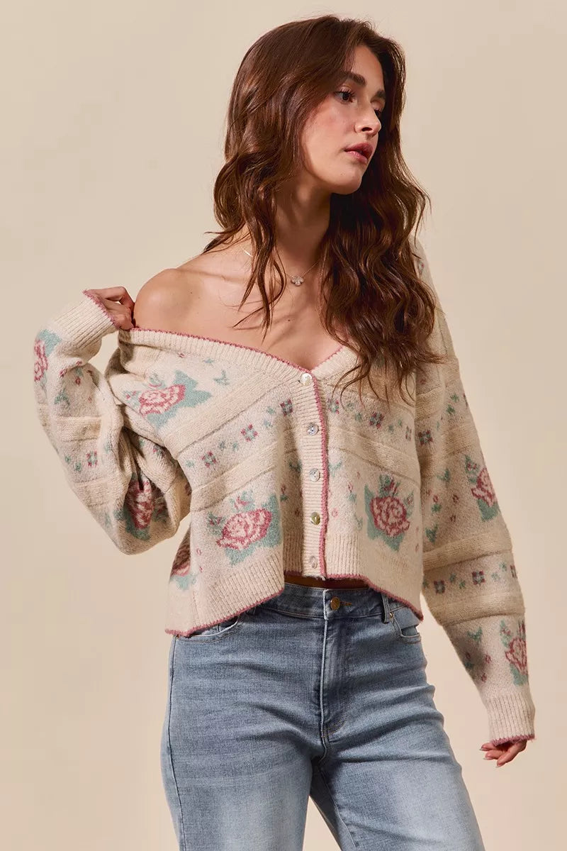 SO ME Floral Pattern Long Sleeve Button Sweater Cardigan