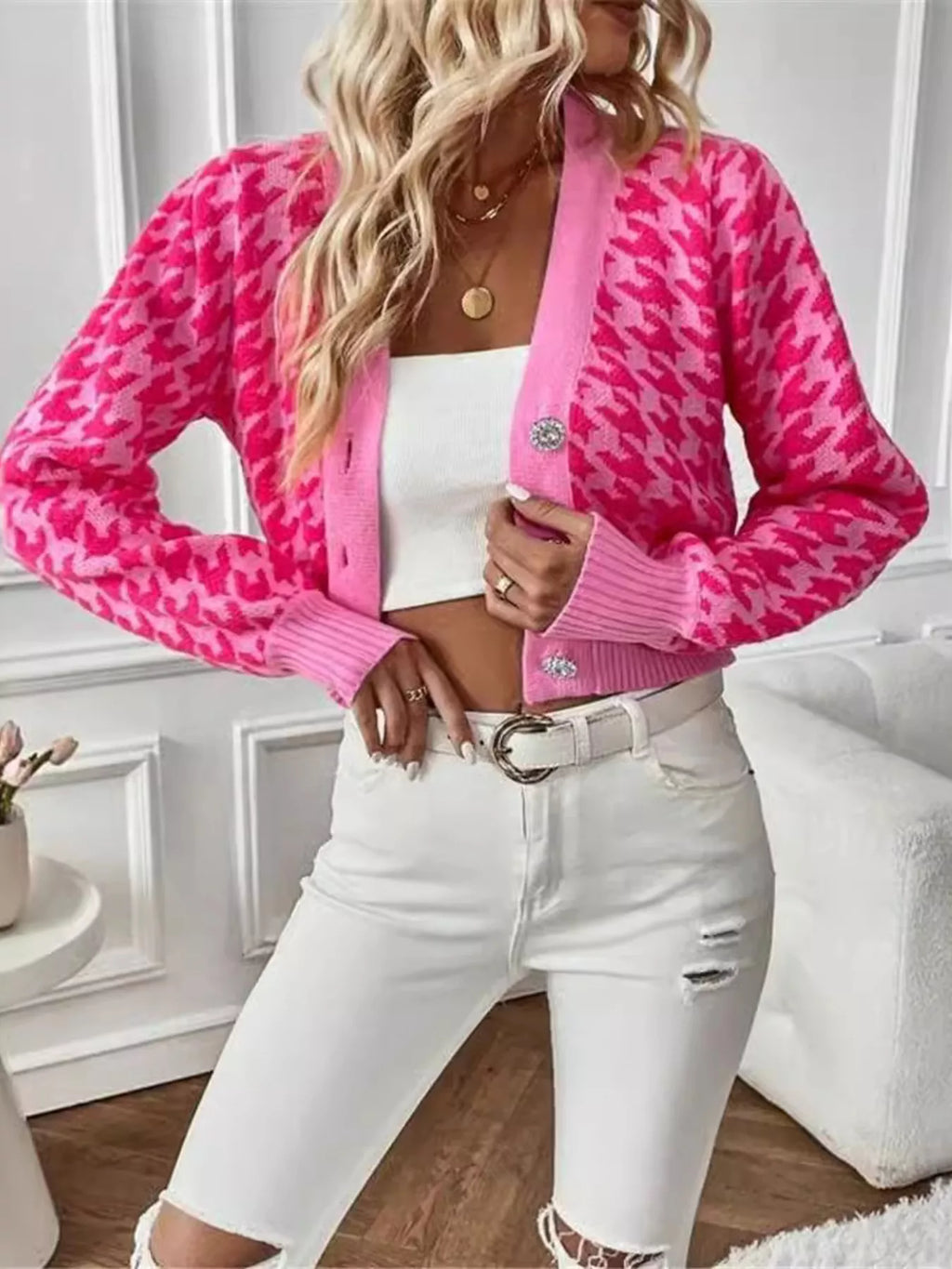 Houndstooth V-Neck Button Up Cardigan