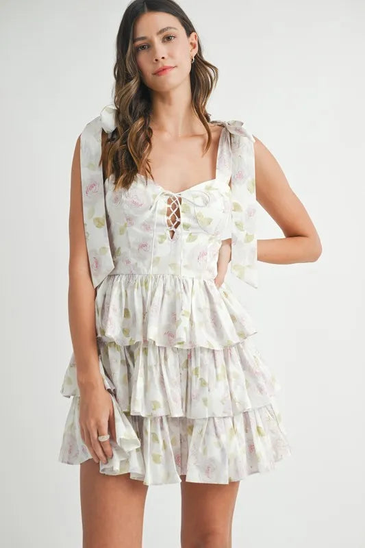 MABLE Floral Print Shoulder Tie Layered Mini Dress